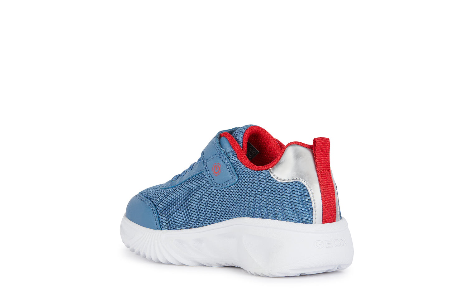 A boys light up trainer by Geox, style J Assister, in blue and red with velcro and bungee lace and velcro fastening. Angled view of left side.