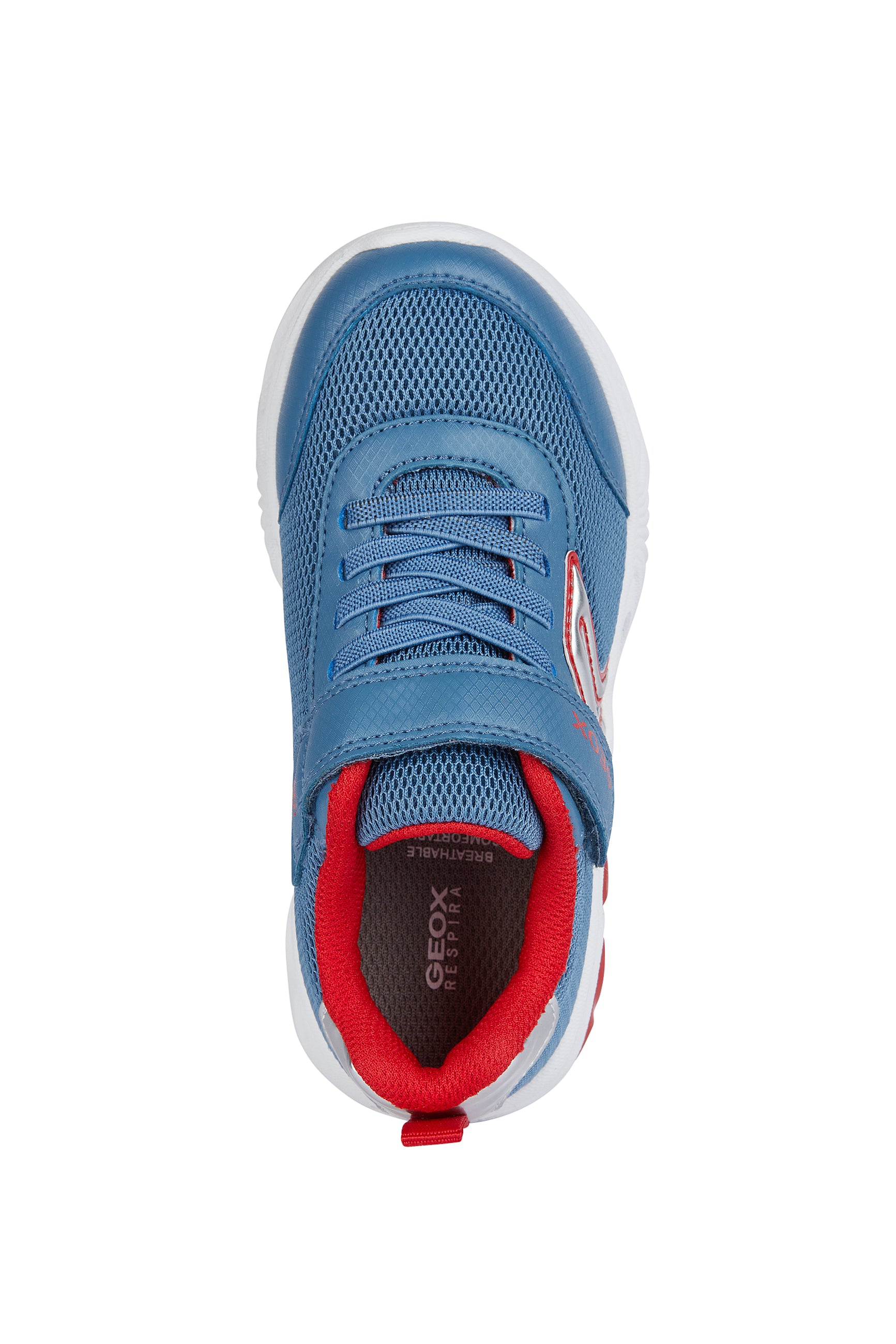 A boys light up trainer by Geox, style J Assister, in blue and red with velcro and bungee lace and velcro fastening. View from above.