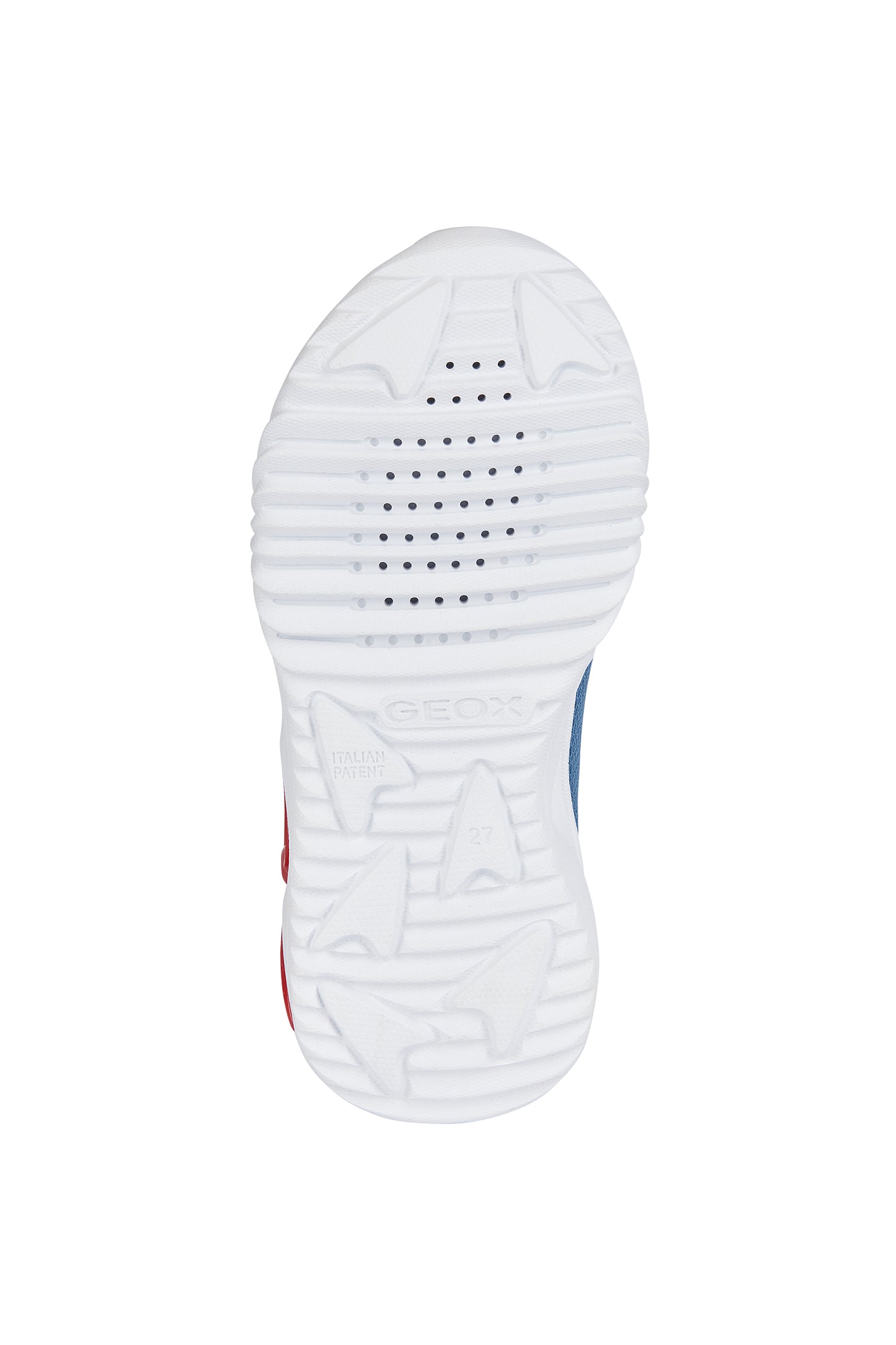 A boys light up trainer by Geox, style J Assister, in blue and red with velcro and bungee lace and velcro fastening. View of white sole.