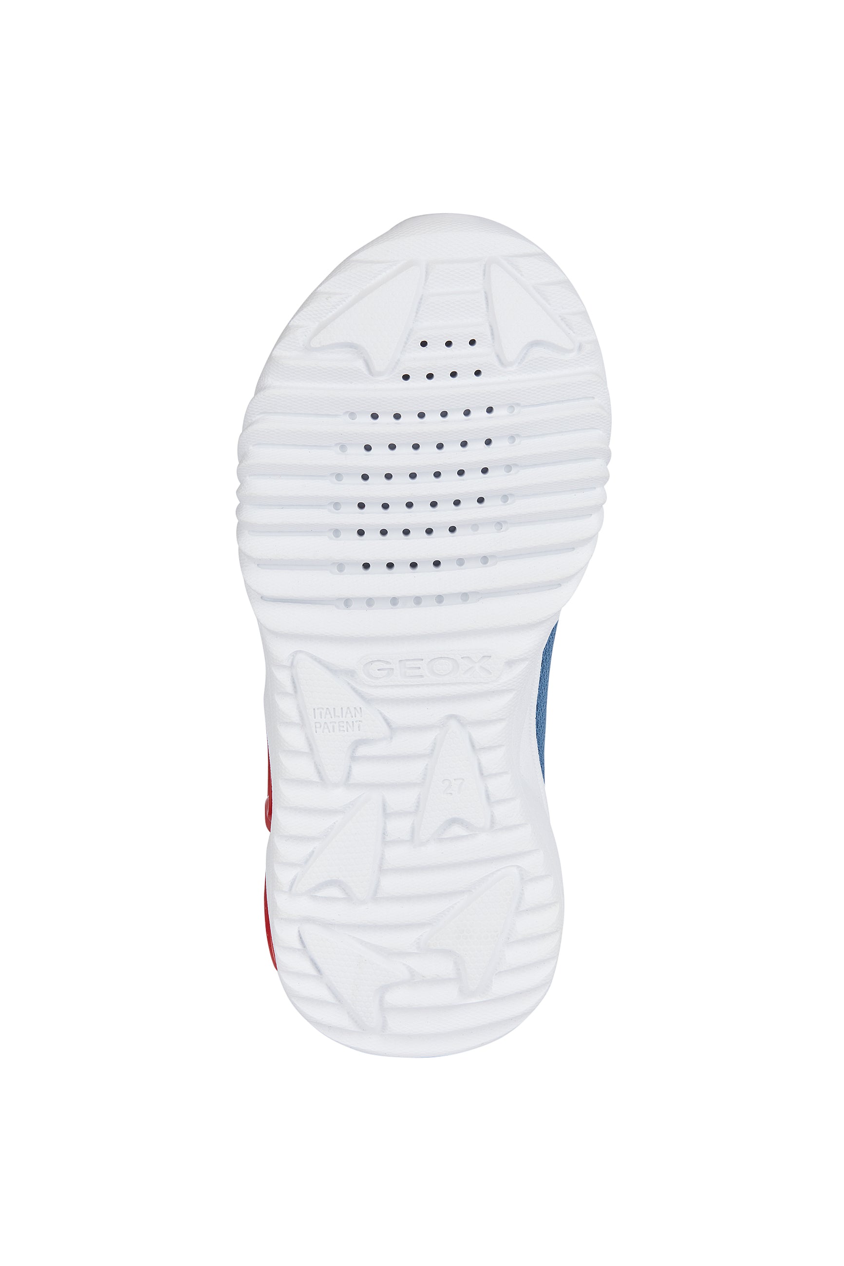 A boys light up trainer by Geox, style J Assister, in blue and red with velcro and bungee lace and velcro fastening. View of white sole.