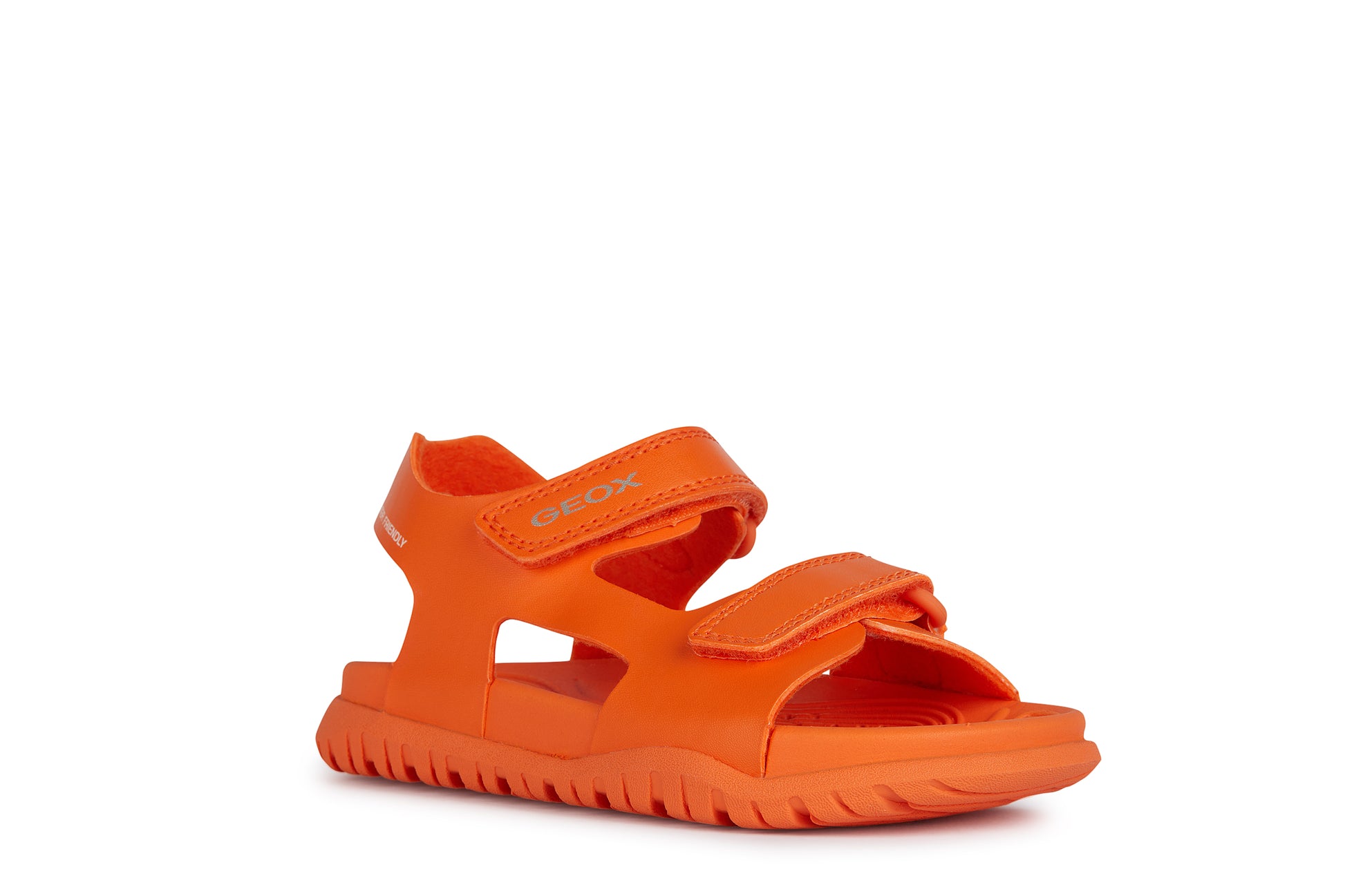 A unisex open toe synthetic water friendly sandal by Geox. Style Fusbetto in orange with two velcro fastenings. Right side angled view.