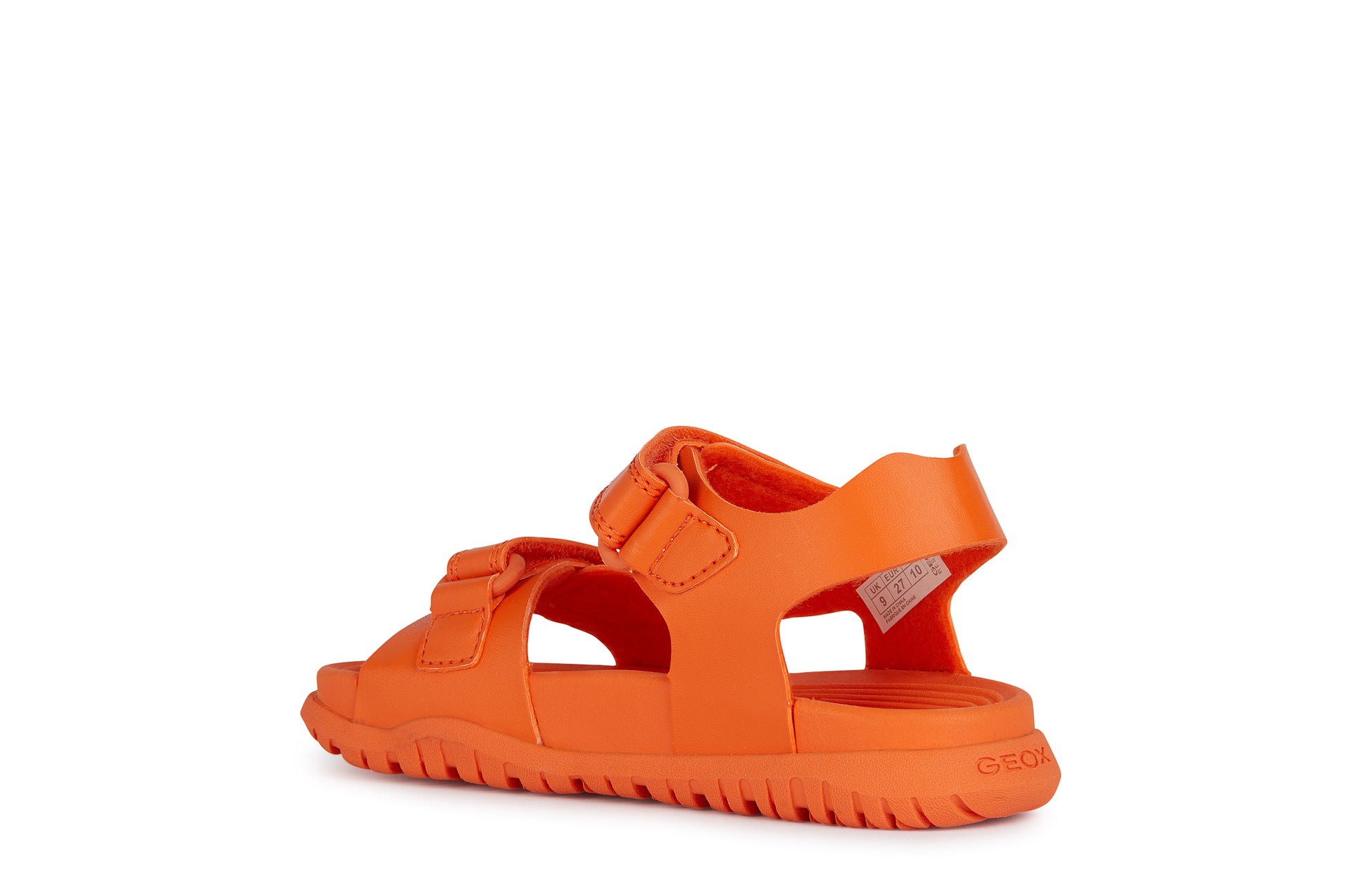 A unisex open toe synthetic water friendly sandal by Geox. Style Fusbetto in orange with two velcro fastenings. Back angled view.