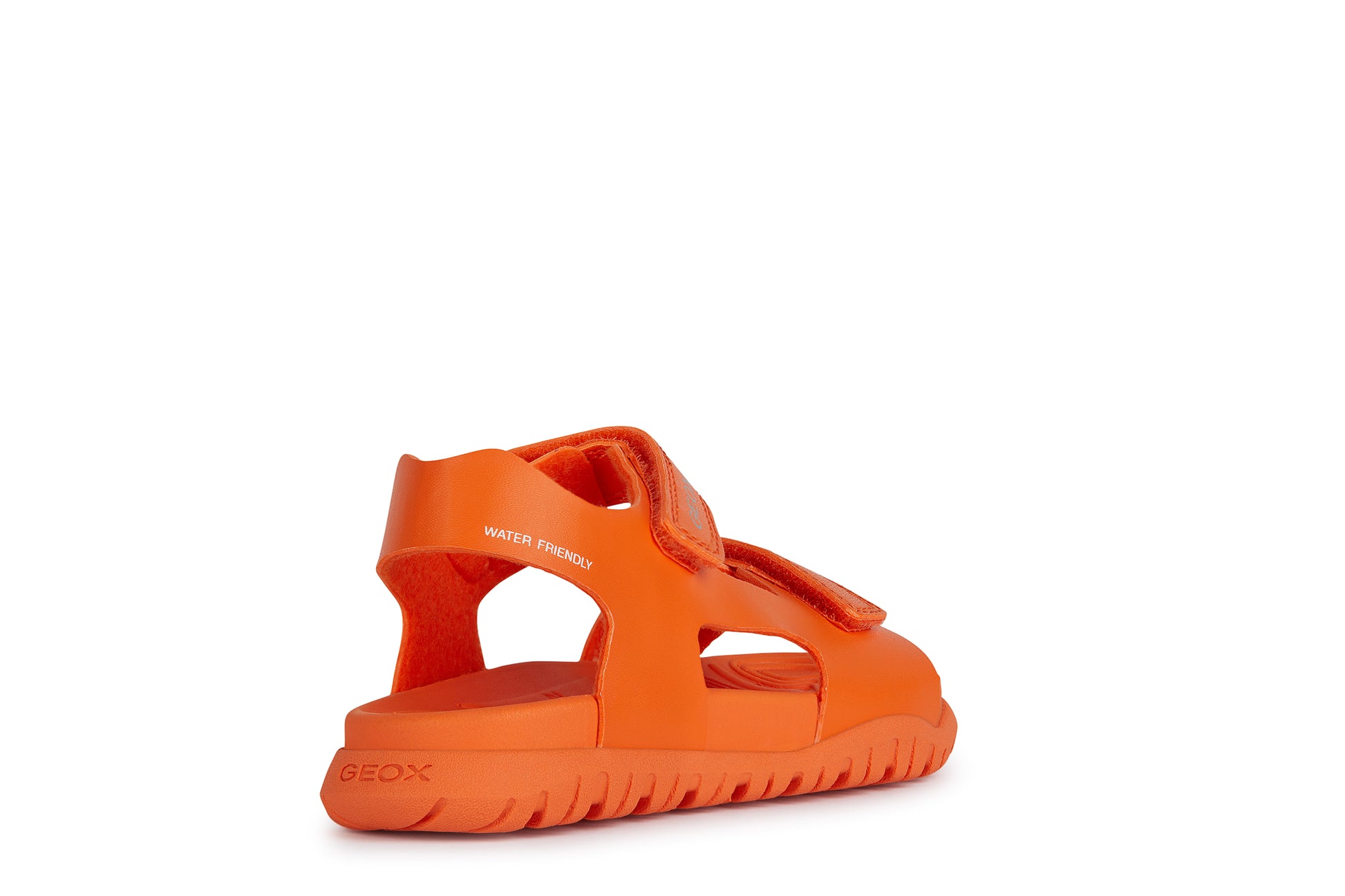A unisex open toe synthetic water friendly sandal by Geox. Style Fusbetto in orange with two velcro fastenings. Back angled left view.