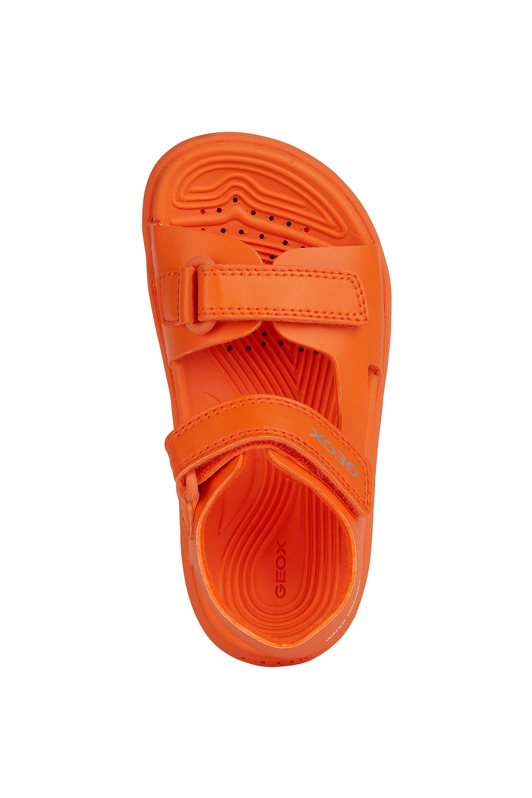 A unisex open toe synthetic water friendly sandal by Geox. Style Fusbetto in orange with two velcro fastenings. Top view.