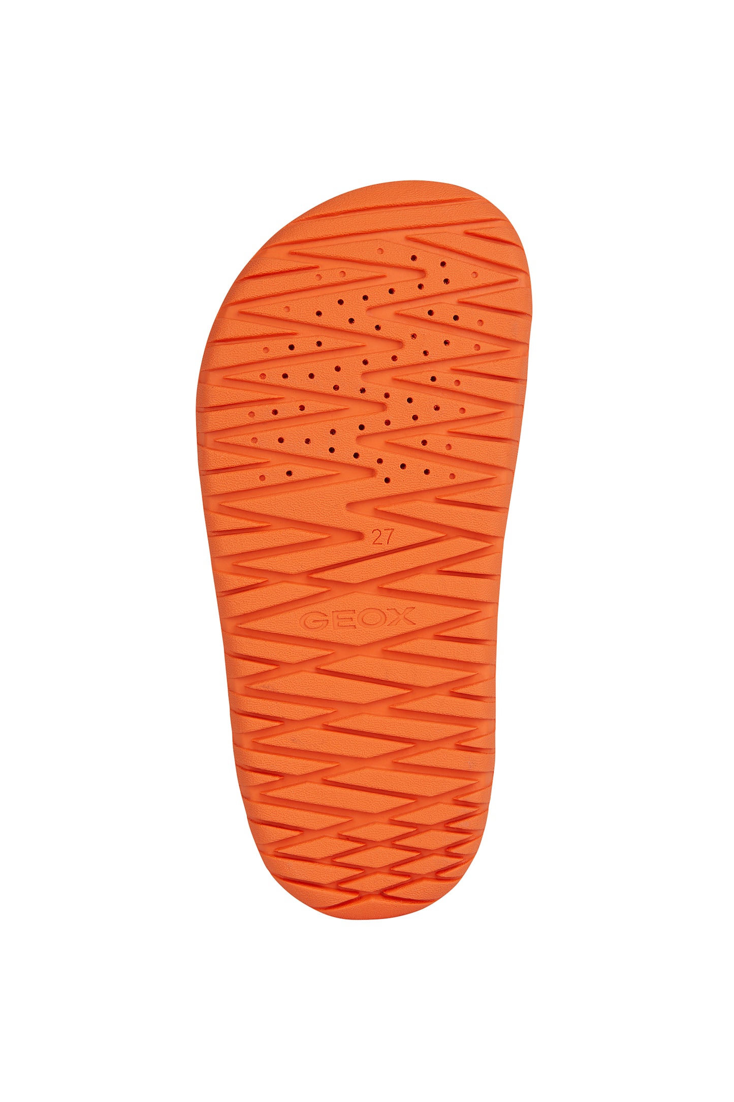 A unisex open toe synthetic water friendly sandal by Geox. Style Fusbetto in orange with two velcro fastenings. Sole view.