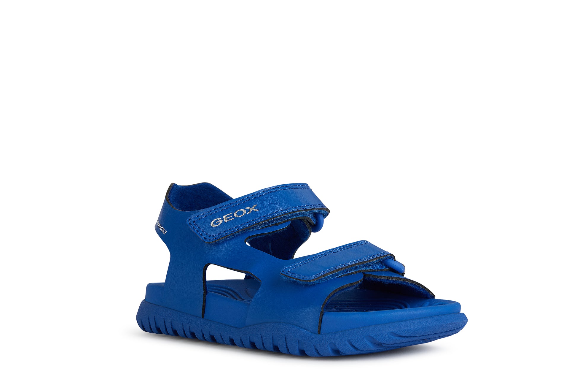 A unisex open toe synthetic water friendly sandal by Geox. Style Fusbetto in royal blue with two velcro fastenings. Right angled view.