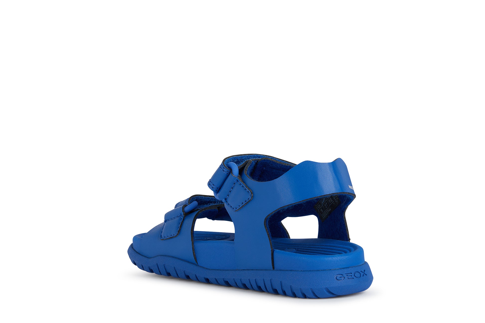 A unisex open toe synthetic water friendly sandal by Geox. Style Fusbetto in royal blue with two velcro fastenings. Back angled  view.