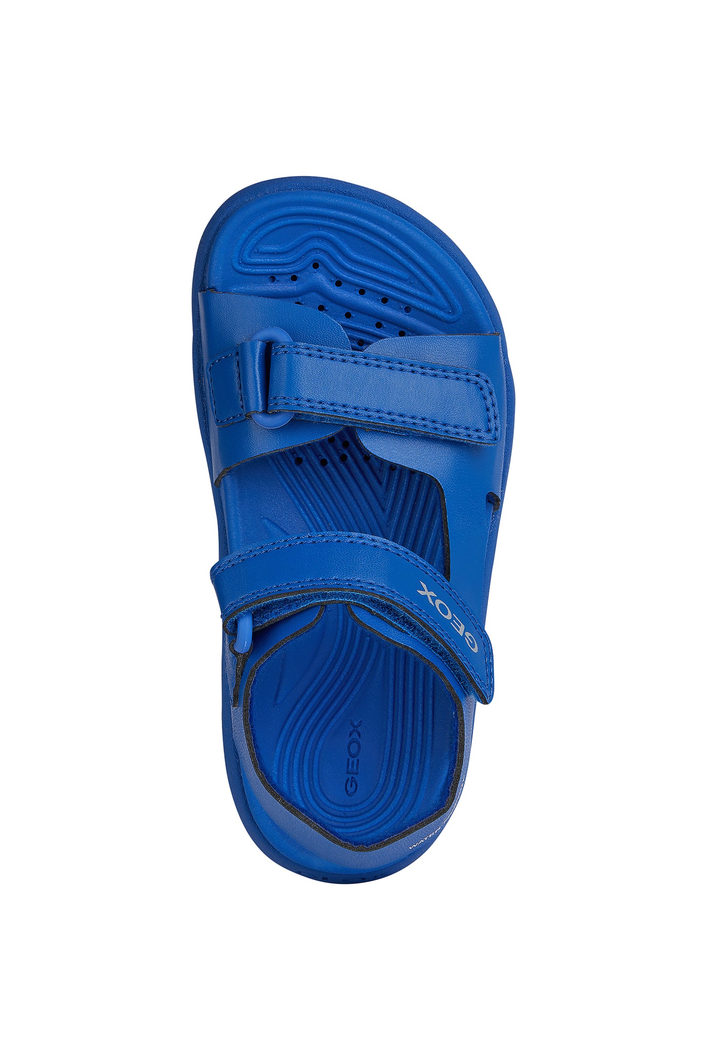 A unisex open toe synthetic water friendly sandal by Geox. Style Fusbetto in royal blue with two velcro fastenings. Top view.