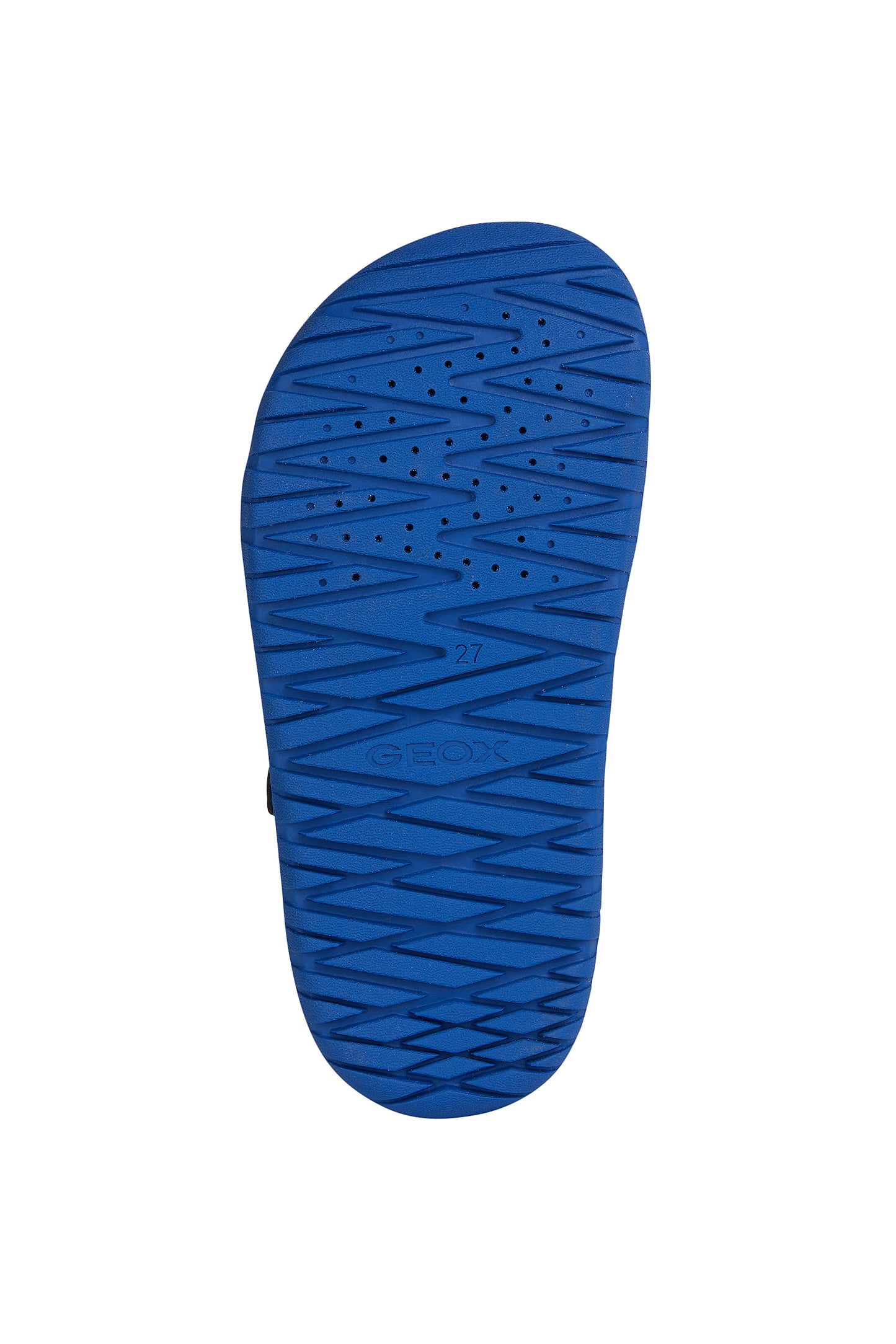 A unisex open toe synthetic water friendly sandal by Geox. Style Fusbetto in royal blue with two velcro fastenings. Sole view.