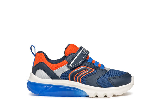 A boys velcro trainer by Geox, style Ciberdron Boy in blue and orange. Right side view.