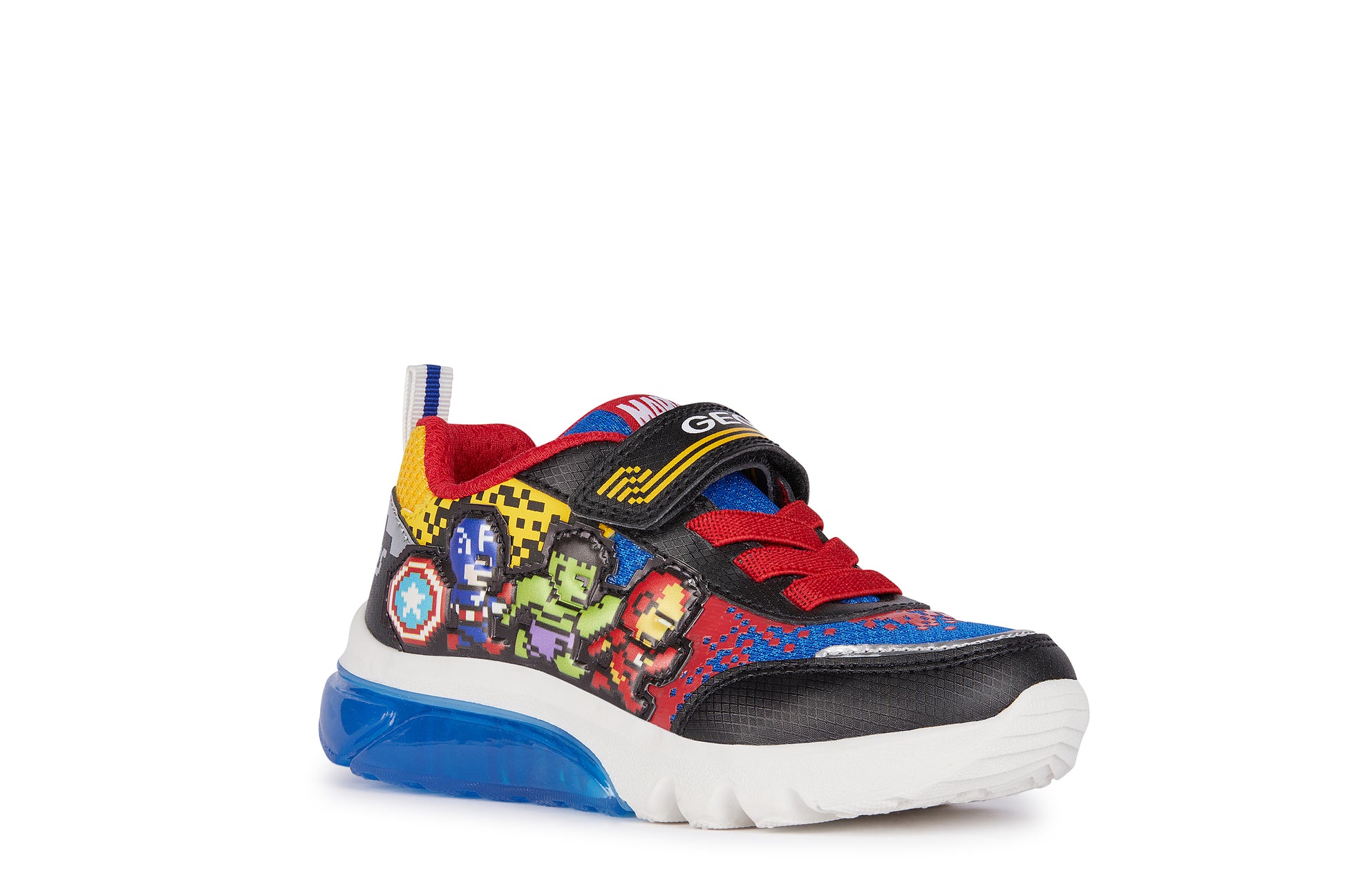 A boys light up trainer by Geox, style J Ciberdron, in Avengers character multi print with bungee lace and velcro fastening. Angled right side view.