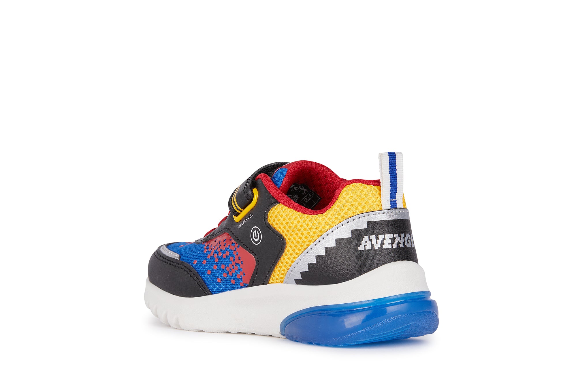 A boys light up trainer by Geox, style J Ciberdron, in Avengers character multi print with bungee lace and velcro fastening. Angled left side view.