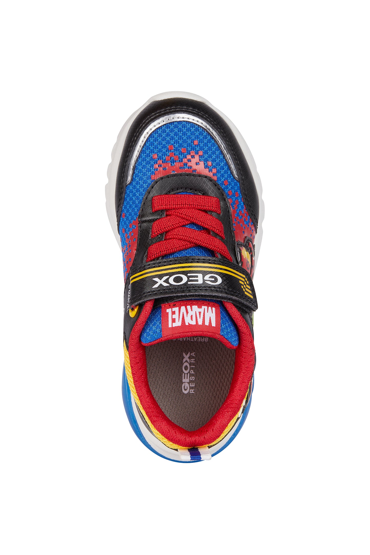 A boys light up trainer by Geox, style J Ciberdron, in Avengers character multi print with bungee lace and velcro fastening. View from above.