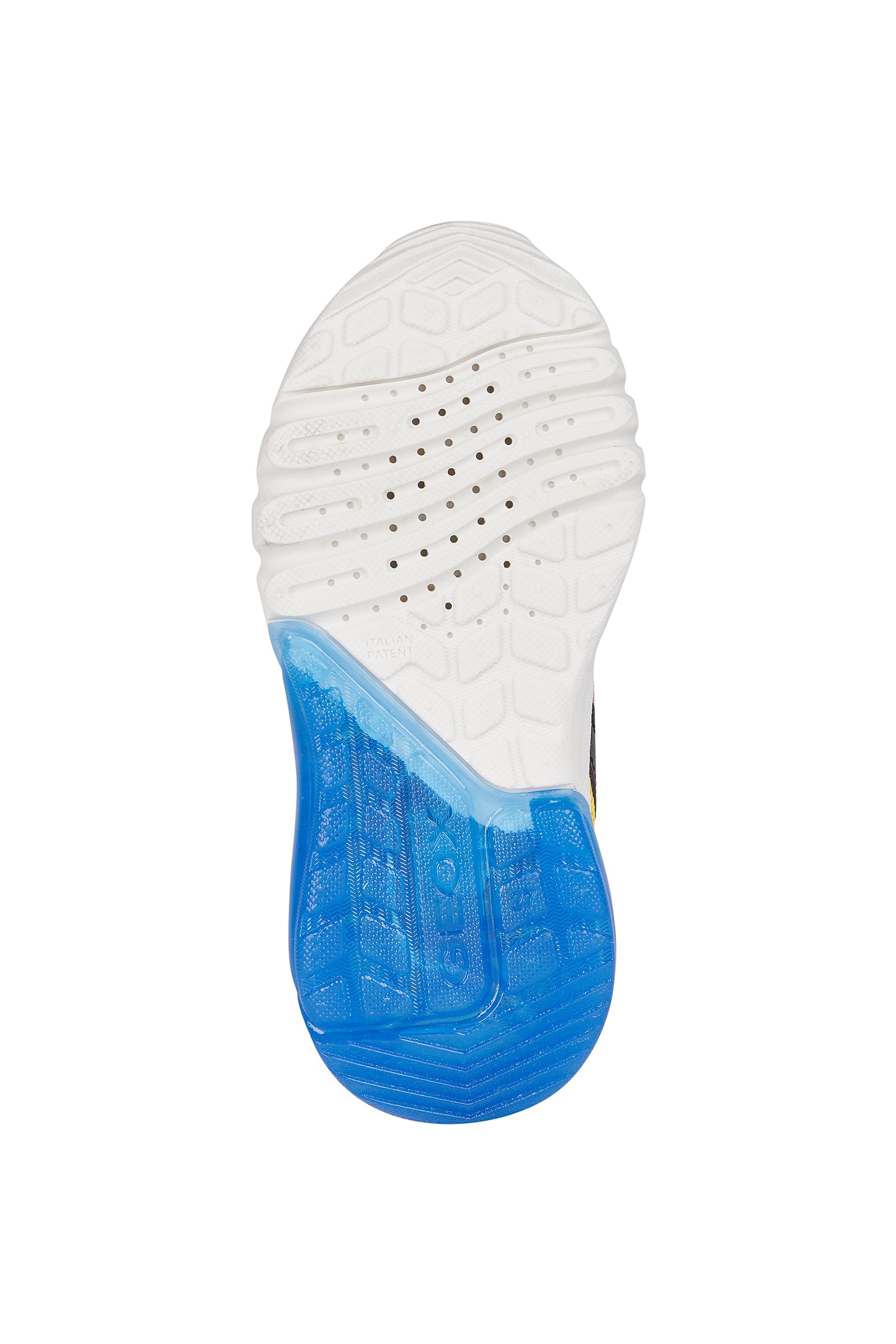 A boys light up trainer by Geox, style J Ciberdron, in Avengers character multi print with bungee lace and velcro fastening. View of blue and white sole.