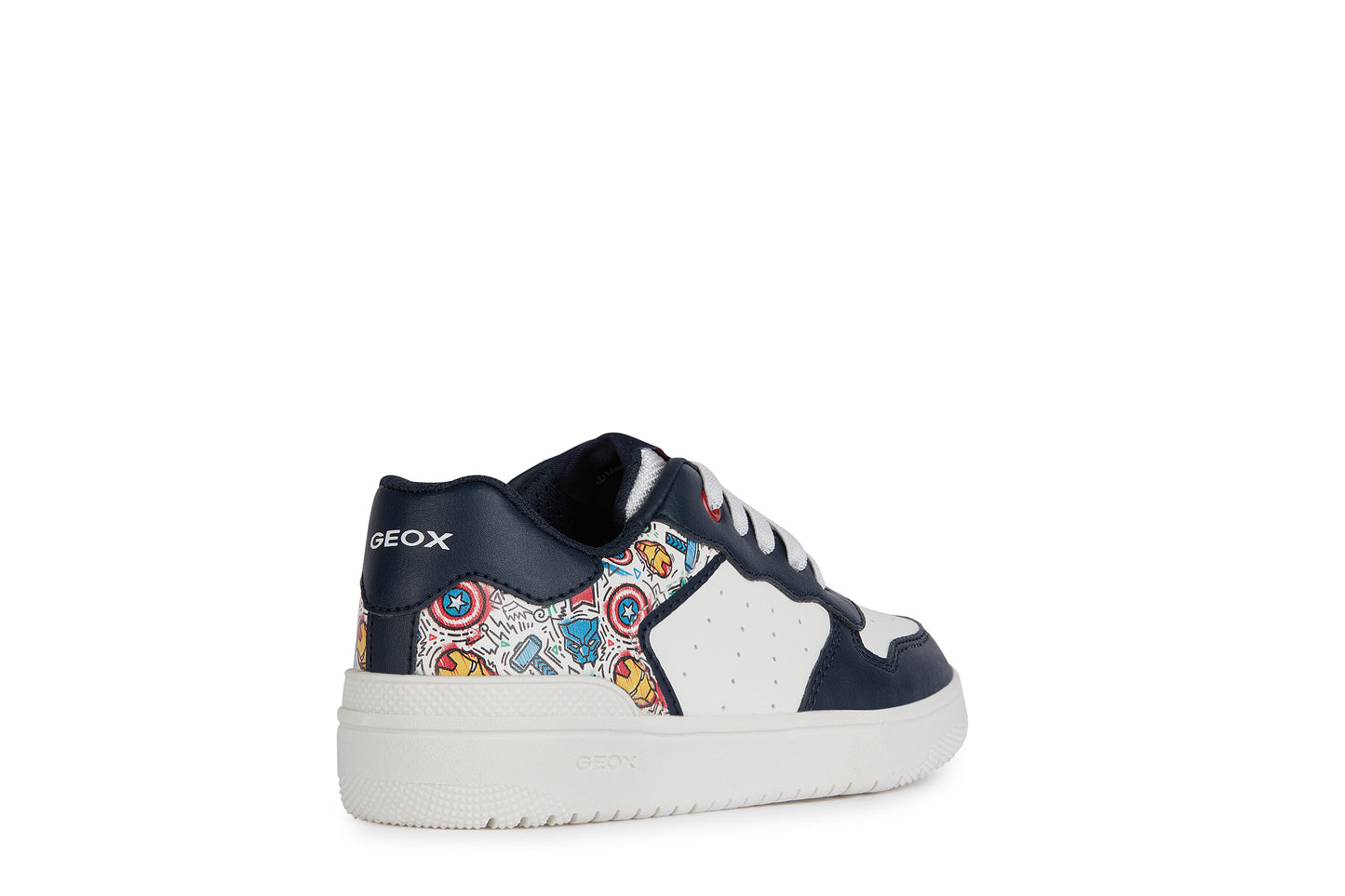 A boys casual trainer by Geox, style J Washiba, in navy and white with avengers print. Lace fastening. Angled view of right side.