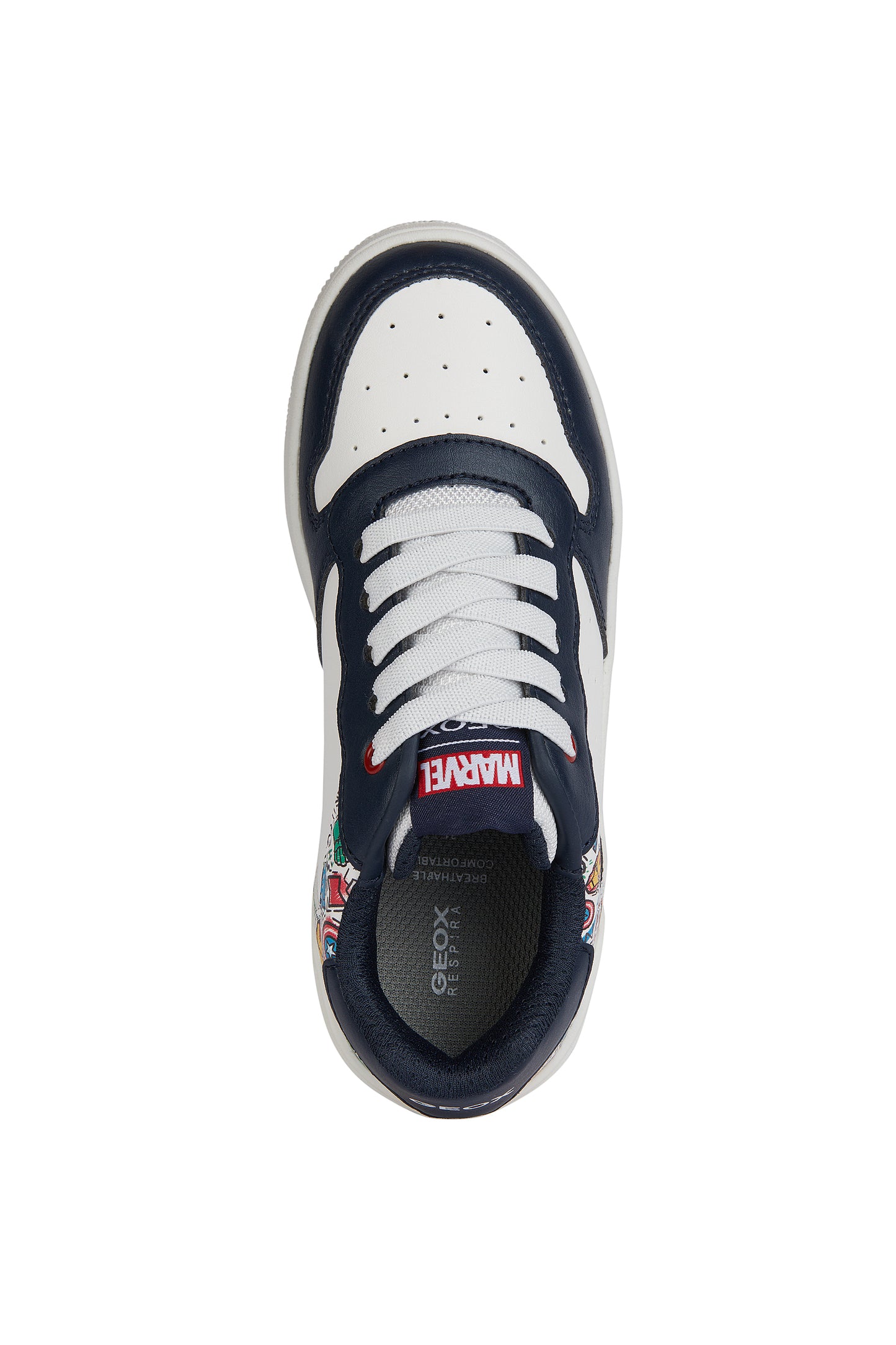 A boys casual trainer by Geox, style J Washiba, in navy and white with avengers print. Lace fastening. View from above.