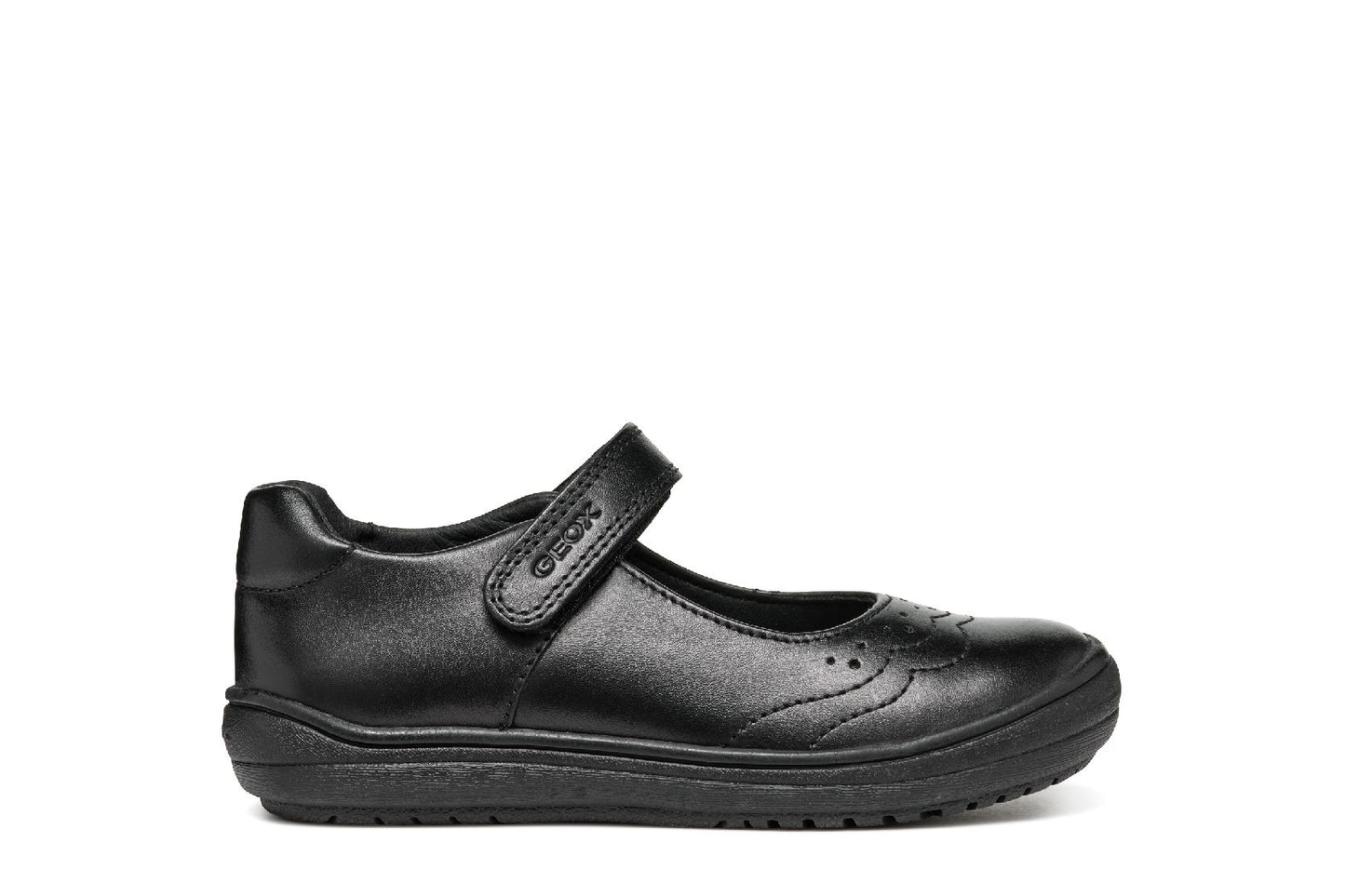 A girls Mary Jane school shoe by Geox, style J467VA Hadriel Girl, in black with punch hole detail, toe bumper and velcro fastening. Right side view.