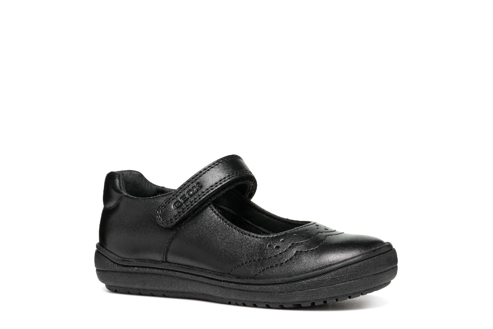 A girls Mary Jane school shoe by Geox, style J467VA Hadriel Girl, in black with punch hole detail, toe bumper and velcro fastening. Angled right side view.