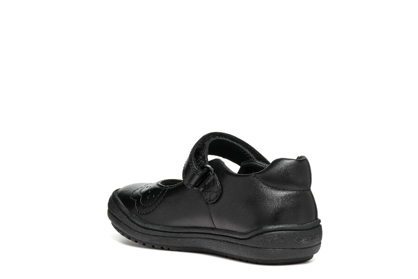 A girls Mary Jane school shoe by Geox, style J467VA Hadriel Girl, in black with punch hole detail, toe bumper and velcro fastening. Angled left side view.