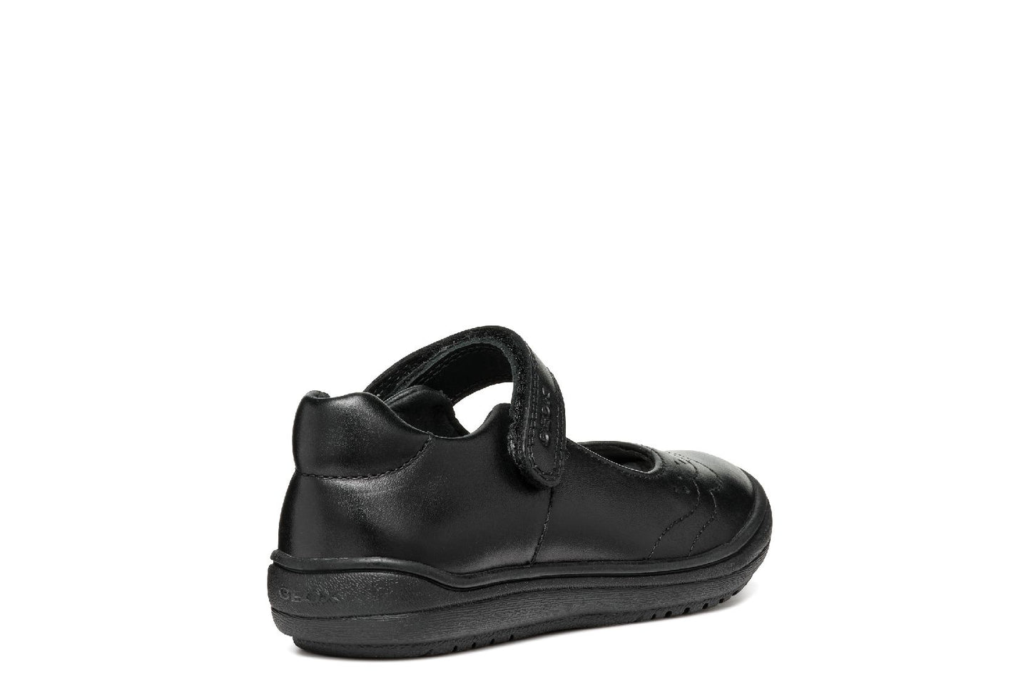 A girls Mary Jane school shoe by Geox, style J467VA Hadriel Girl, in black with punch hole detail, toe bumper and velcro fastening. Angled right side view.