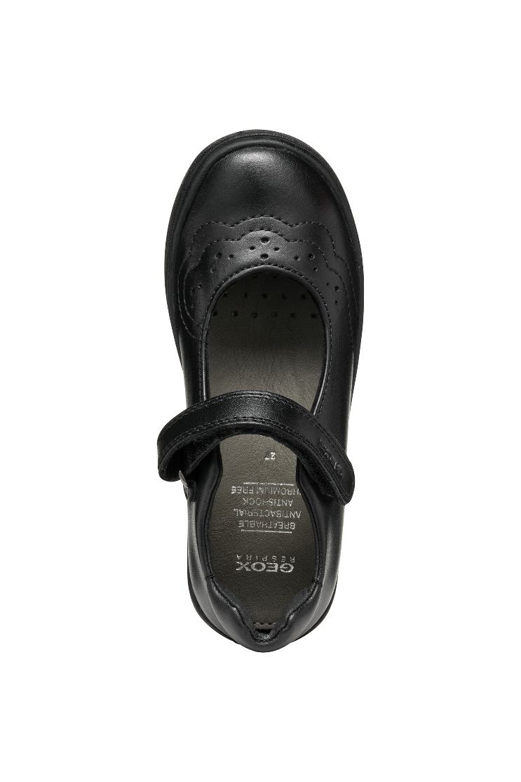 A girls Mary Jane school shoe by Geox, style J467VA Hadriel Girl, in black with punch hole detail, toe bumper and velcro fastening. Above view.