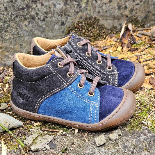 A lace/zip boys first shoe by Bopy, style Jordan in blue multi / brown. Right view.