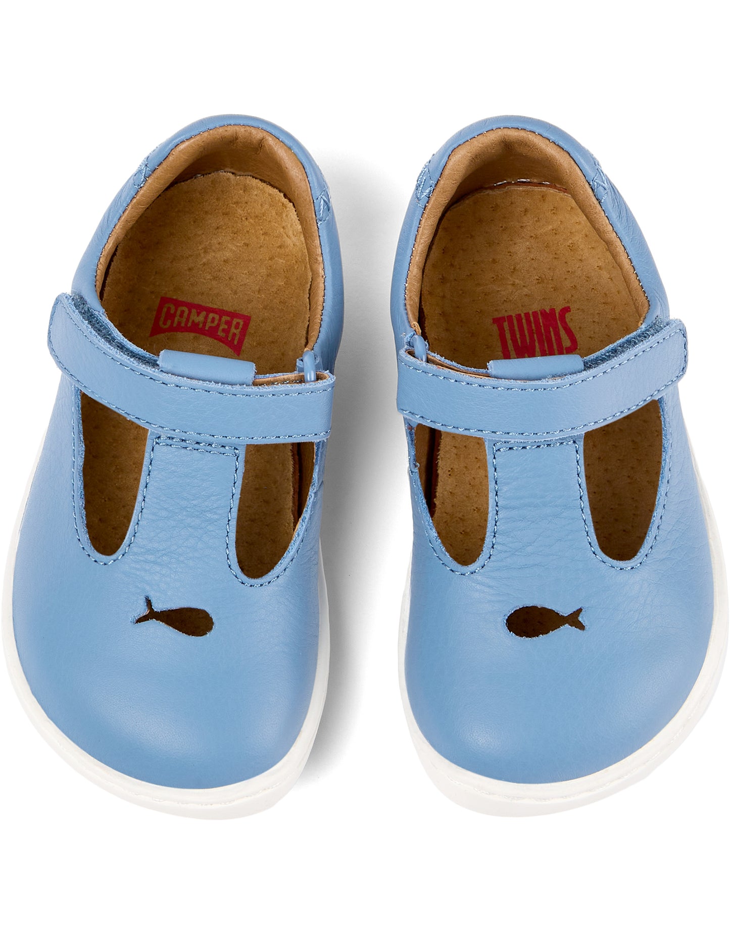 A T-bar shoe by Camper, style K800564-001, in blue with cut out fish detail. Velcro fastening. Above view of a pair.