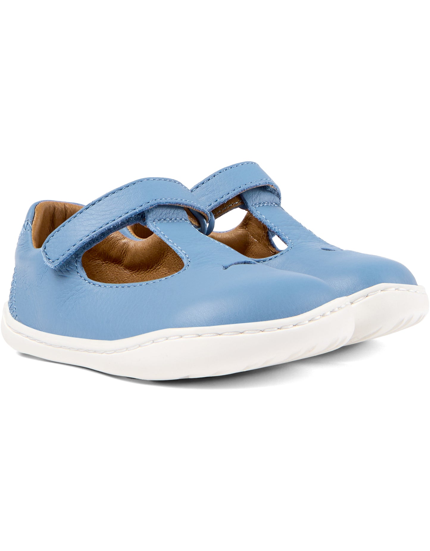 A T-bar shoe by Camper, style K800564-001, in blue with cut out fish detail. Velcro fastening. Front angled view of a pair.