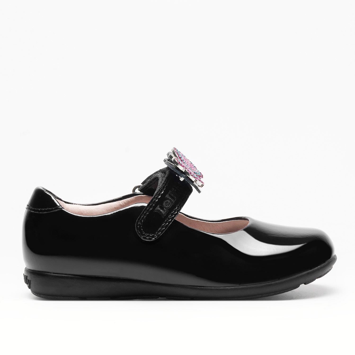 A girls Mary Jane school shoe by Lelli Kelly, style LKSO8641 Luna, in black patent leather with velcro fastening and detachable embellished multicoloured butterfly. Right side view.