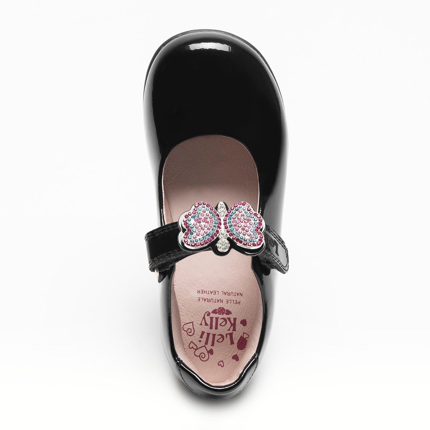 A girls Mary Jane school shoe by Lelli Kelly, style LKSO8641 Luna, in black patent leather with velcro fastening and detachable multicoloured embellished butterfly. View from above.