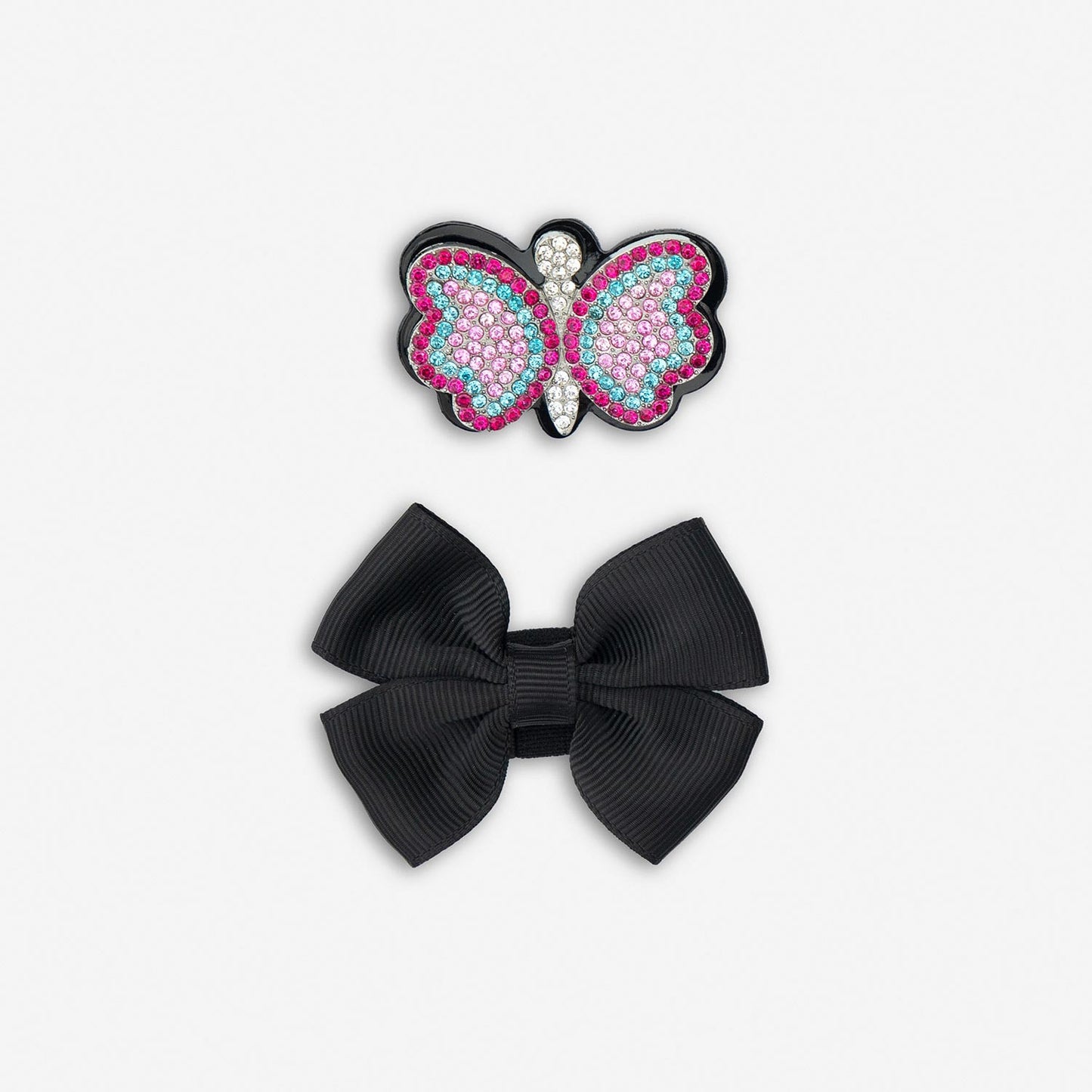 A girls Mary Jane school shoe by Lelli Kelly, style LKSO8641 Luna, in black patent leather with velcro fastening and detachable multicoloured embellished butterfly. View of black bow and butterfly strap attachments.