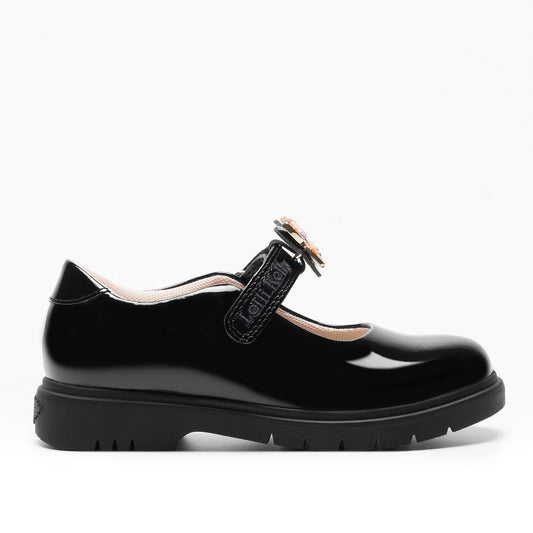 A girls Mary Jane school shoe by Lelli Kelly, style LKSO8915 Lucy, in black patent leather with velcro fastening and detachable multicoloured embellished butterfly. Right side view.