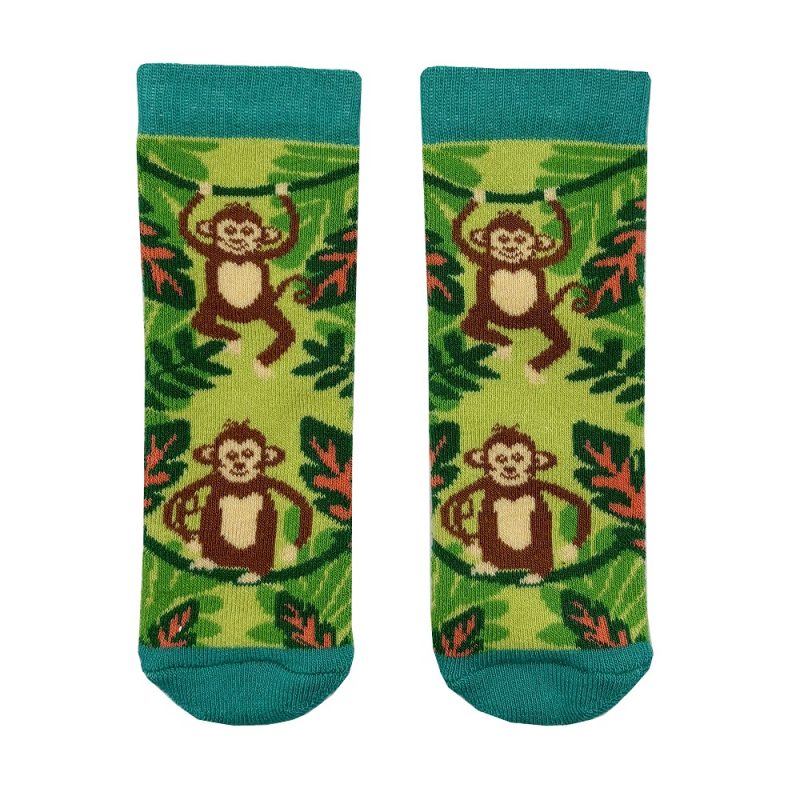 A pair of Tots welly socks by Squelch, style Monkey Mayhem, in green with brown monkey print. Front view.