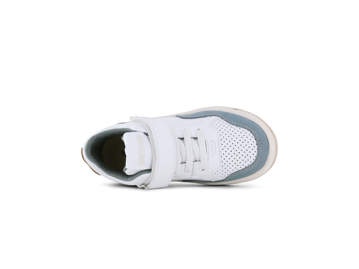 A boys trainer by Shoesme, style NO24S002-A, in white leather with navy, red and grey trim set on a cream sole unit.
Velcro and elastic lace fastening.
Right side view.