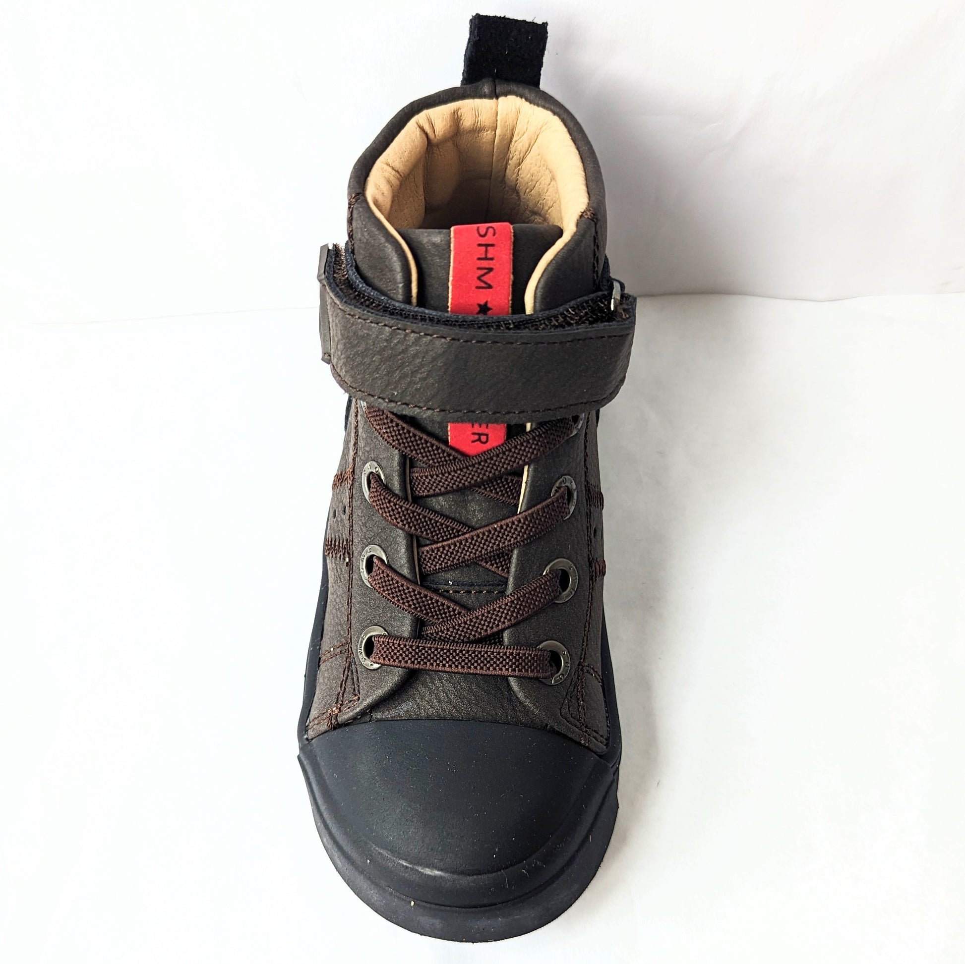 A hi-top unisex boot by Shoesme, style SH23W024-D, with toe bumper and elastic lace and velcro fastening. Front view.