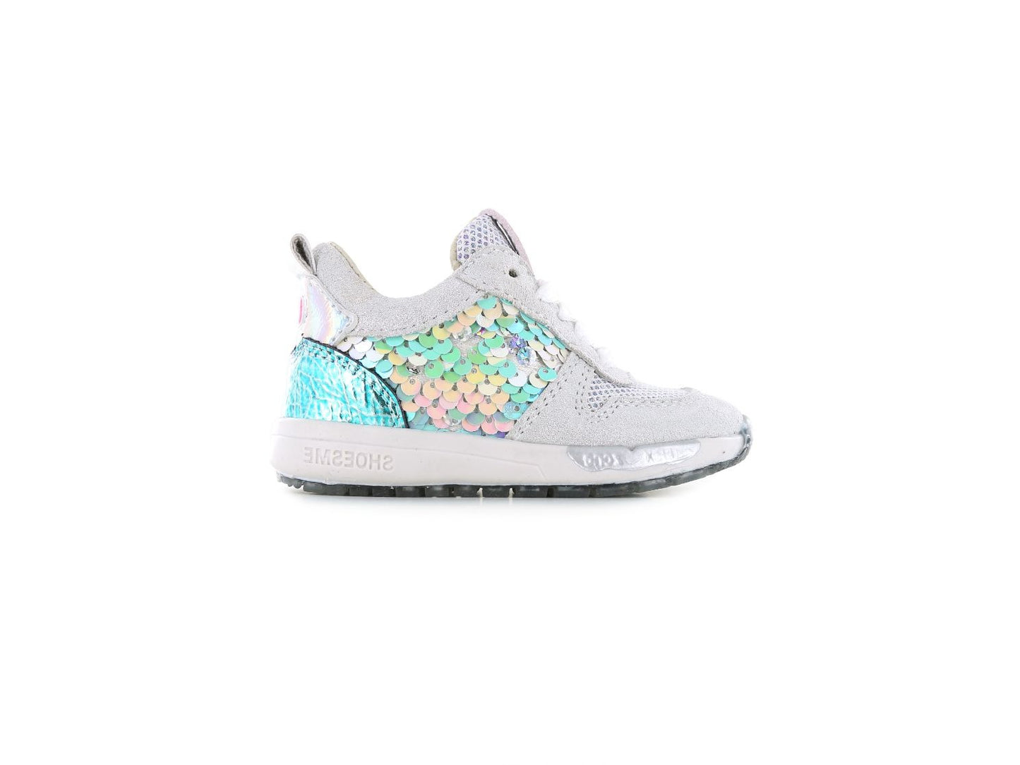 A girl's trainer by Shoesme, style Run-Flex RF24SO42-A, in silver and iridescent light blue with sequin panel to the side. Lace up fastening. Right side view.