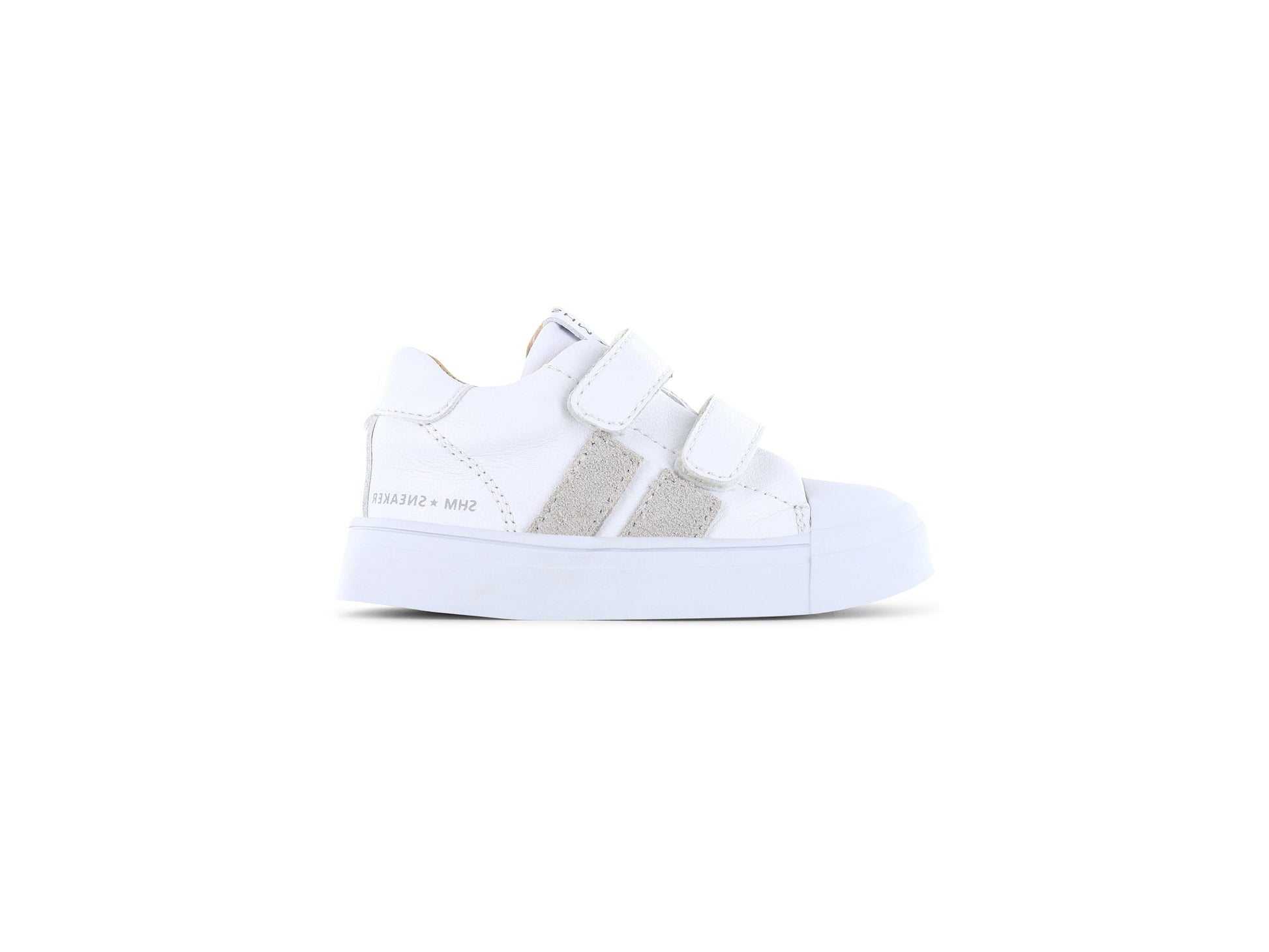 A chunky girl's trainer by Shoesme, style SH24S005-C, in white leather with grey panels to side.
Double velcro fastening.
Right side view.