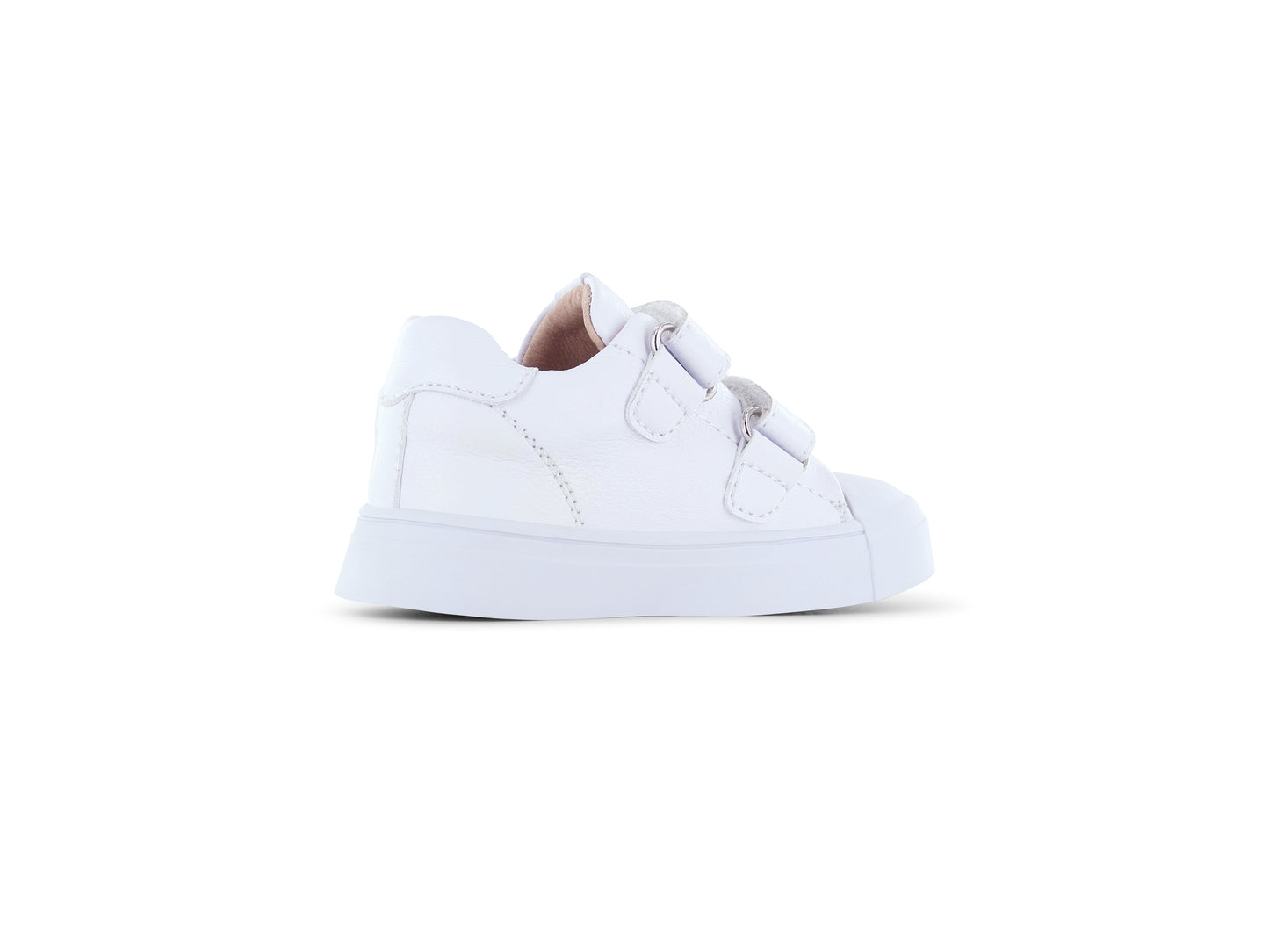 A chunky girl's trainer by Shoesme, style SH24S005-C, in white leather with grey panels to side.
Double velcro fastening.
Left side angled view.