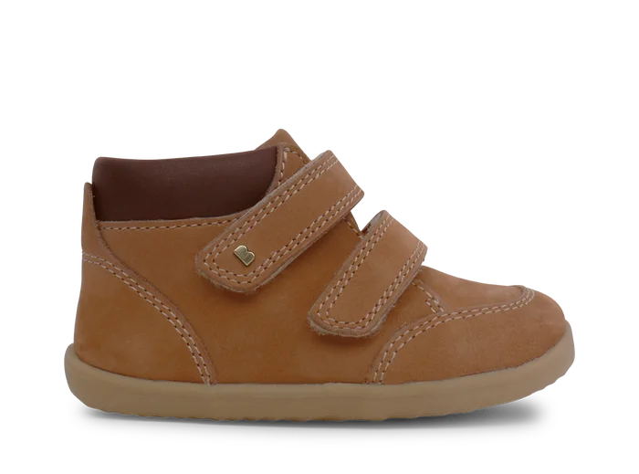 A boys ankle boot by Bobux, style Step Up Timber, in tan nubuck with brown leather trim amd double velcro fastening. Right side view.