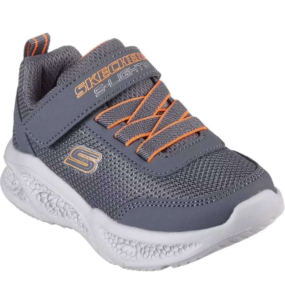 A boys trainer by Skechers, style Meteor Lights, in grey and orange synthetic with bungee lace and velcro fastening. Right side view.