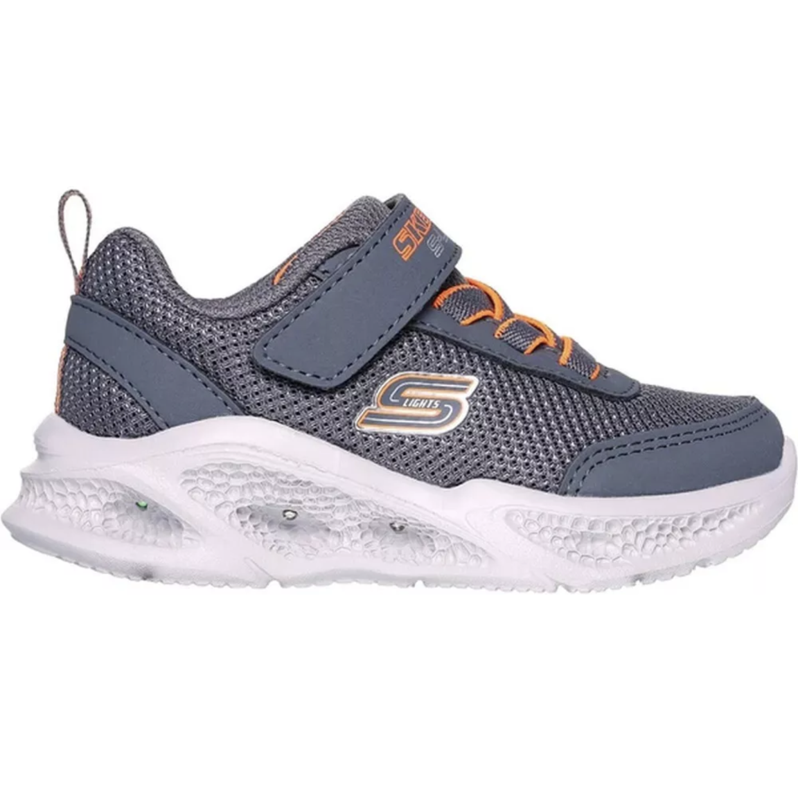 A boys trainer by Skechers, style Meteor Lights, in grey and orange synthetic with bungee lace and velcro fastening. Right side view.