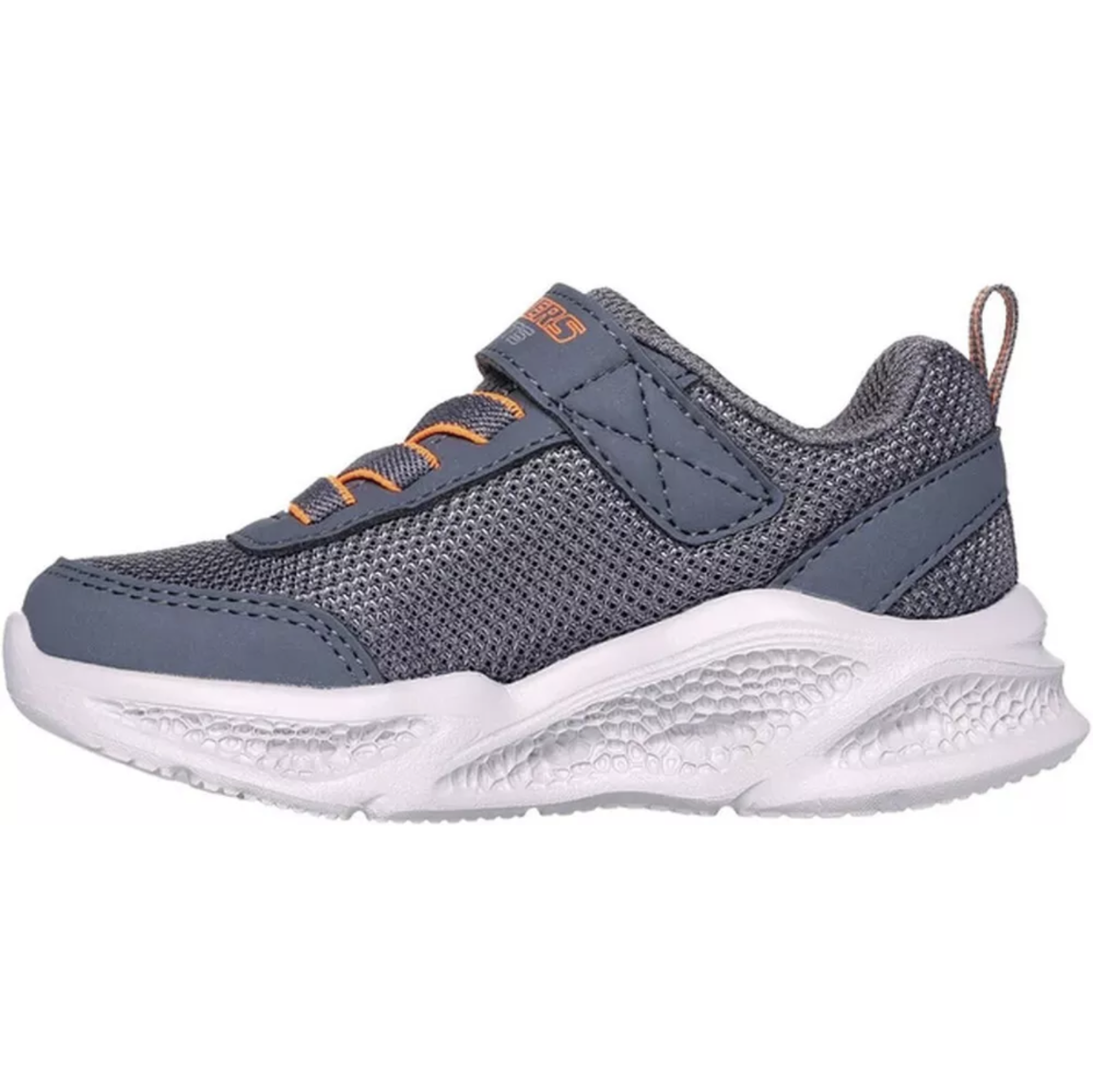 A boys trainer by Skechers, style Meteor Lights, in grey and orange synthetic with bungee lace and velcro fastening. Inside view.