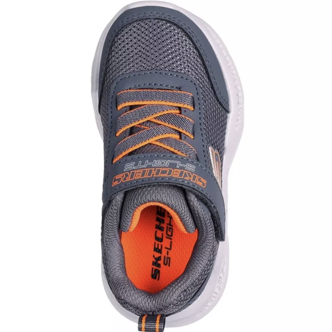 A boys trainer by Skechers, style Meteor Lights, in grey and orange synthetic with bungee lace and velcro fastening. Top  view.