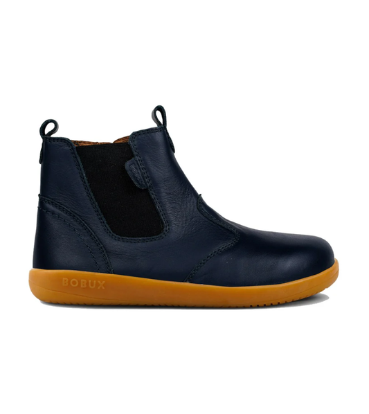 A unisex Chelsea boot by Bobux, style IW Jodhpur, in navy leather with elastic side panel, neutral sole and zip fastening. Right side view.