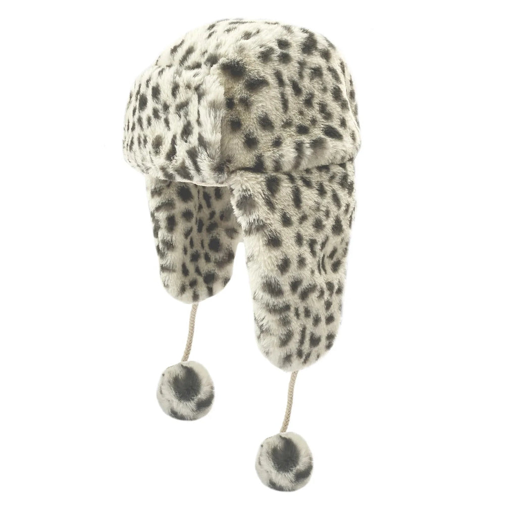 A girls faux fur teddy hat by Rockahula, style Snow Leopard, in leopard print with faux fur toggles. Angled left side view.