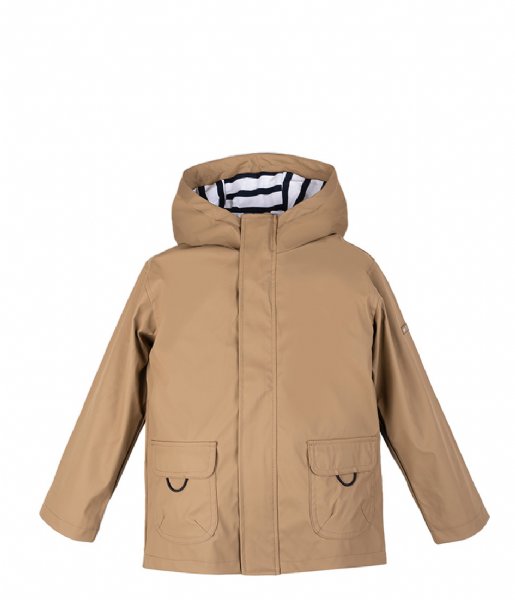 A unisex raincoat by Igor, style Euri Marino, in light brown elmwood with white and navy stripe lining and zip fastening.