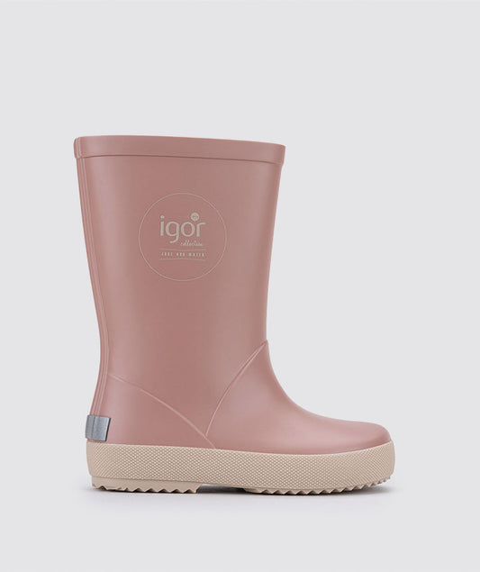 A girls welly by Igor, style DK Splash, in rose pink with light pink sole. Right side view.