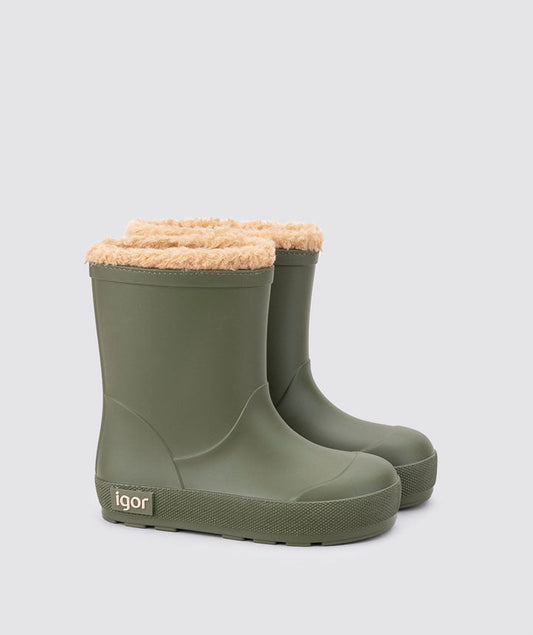 A lined welly by Igor, style Yogi Borreguito, in green with tan fur lining. Pair view.
