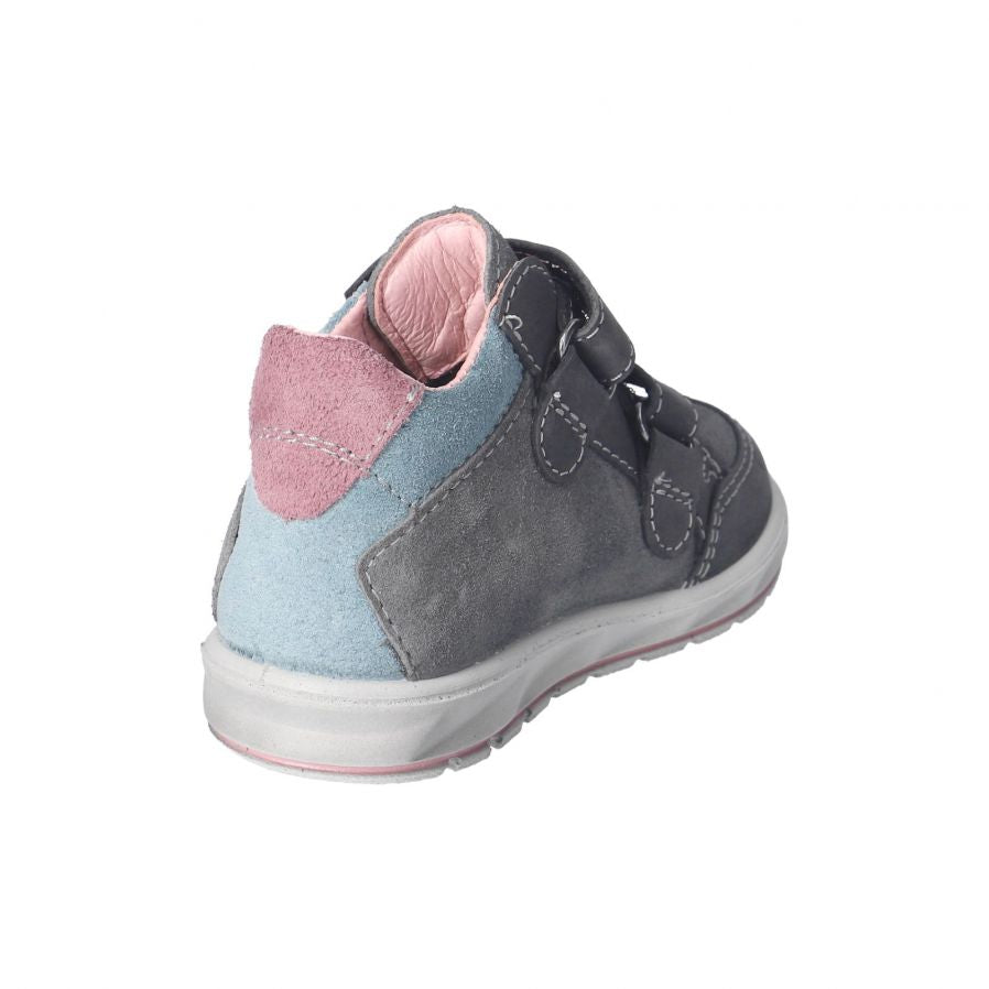 A girls waterproof ankle boot by Ricosta, style Kimo, double velcro fastening in grey with pink and blue trim. Left rear inner side view.