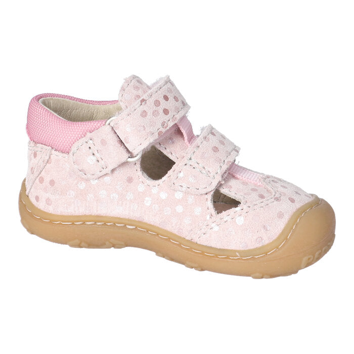 A girls shoe by Ricosta, style Ebi in pale pink, double velcro fastening with toe bumper. Left inner side view. 